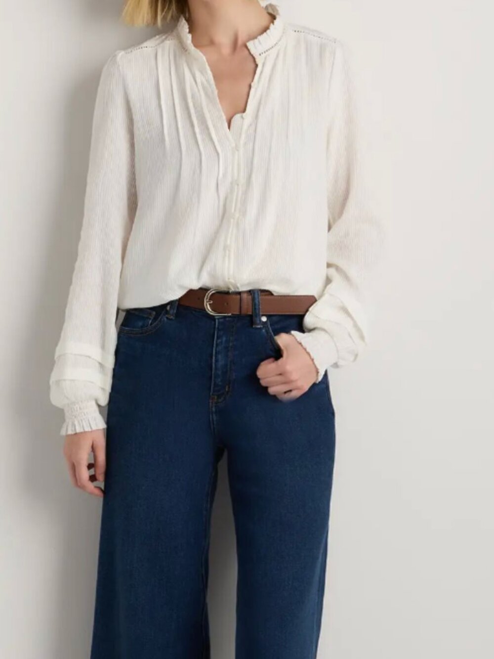 Organic Textured Cotton Peasant Blouse White Size XS - Picture 8 of 9